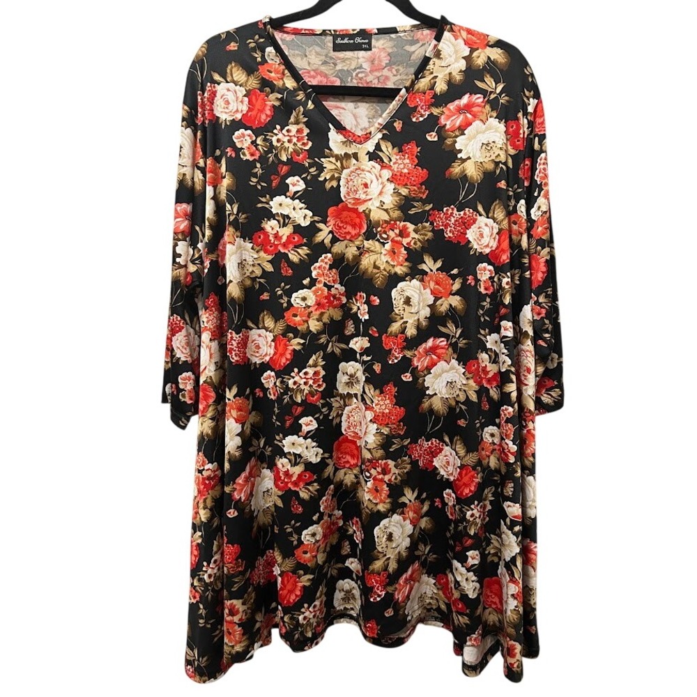 Southern Charm Womens 3XL Black Floral Print V Neck 3/4‎ Sleeve Tunic Top